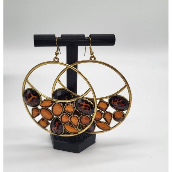 unbranded Jewelry - VTG Leopard Amber Honey Gold Tone Huge Hoop Dangle Earrings Costume Runway